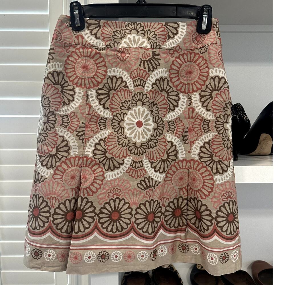 Ann Taylor Loft Petite A Line Skirt Brown Pink Floral Lined 100% Cotton 0P